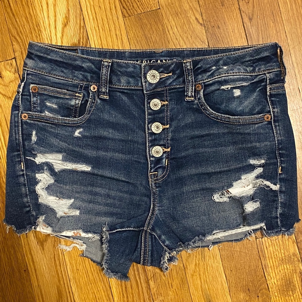 American Eagle Hi Rise Shortie Button Fly Womens  Raw Hem Distressed Size: 8